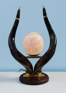 Big 5 etched ostrich eggshell set on a kudu horn lamp