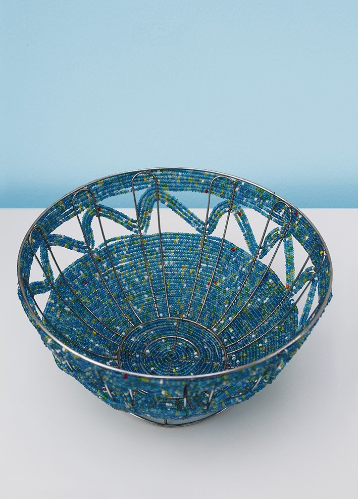 Blue green and red beaded bowl
